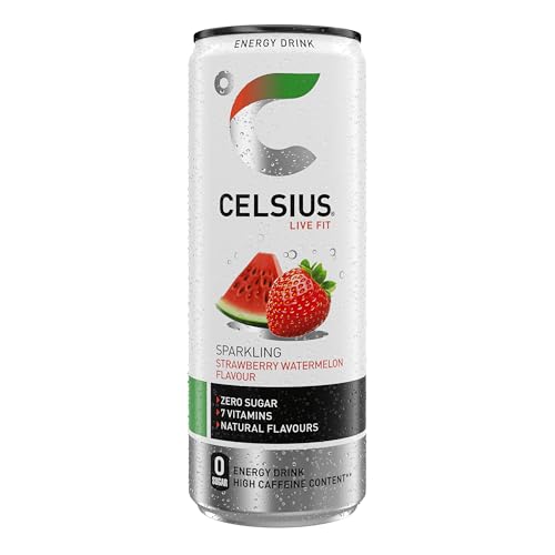 CELSIUS Bebida Energética Sin Azúcar, Sabor Fresa Sandía, Energy Drink Funcional - Lata 355 ml