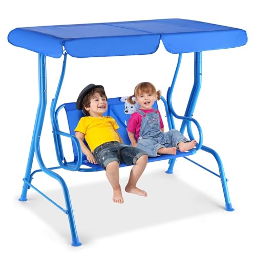 HONEY JOY Kids Patio Swing 2-Seater Outdoor Porch Swing Lounge Chair Adjustable Canopy & Safety Belt All Weather Resistant Waterproof Hanging Swing Bench for Garden Poolside Balcony(Blue)