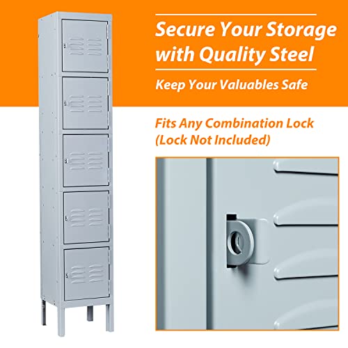 Image of Metal Locker with 5 Doors, 5 Tier Steel Storage Lockers for School, Home, Office, Gym (Grey)