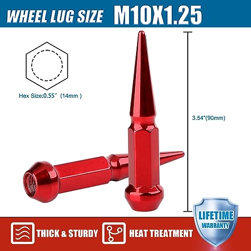 Image of JiiinMiiin M10x1.25 Long Steel Spike Lug Nuts, Thread Pitch 10x1.25, Set of 16 ATV Wheel Nuts with A Socket. [Red]