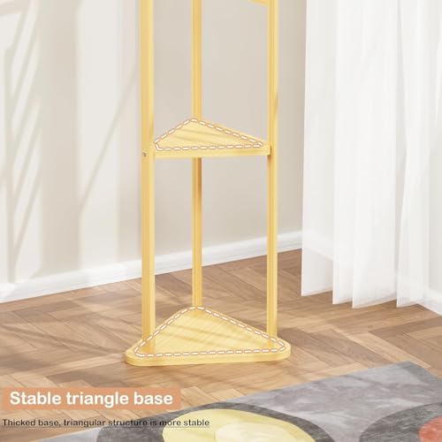 Image of Lukzer Triangular Coat Rack | Multifunctional Bamboo Wooden Coat & Garment Stand with 2 Shelves | Aesthetic Floor Corner Hanger | 6 Hooks for Hanging Coats, Jackets, Hats & Shoes (39x39x166 cm) CH-035