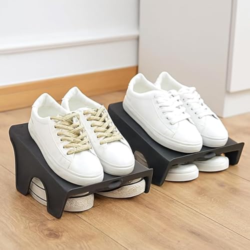 Image of NYALKARAN Plastic Shoe Organizer Stand Space Saver Shoe Storage Rack Double Layer Free Standing Shoe Slipper Stacker (Black, Set of 8)
