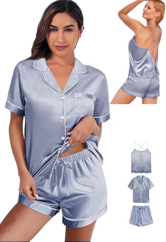 3Pcs Silk Pajamas Set for Women XS-4XL Satin Pajama Lingerie Pjs Cami Tops Silky Pj Sets Sleepwear Nightwear