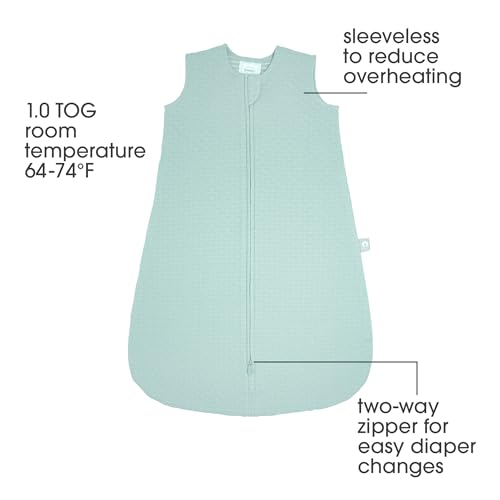 Image of Boppy Baby Sleep Sack 6-12 Months, Wearable Blanket 1 TOG, 100% Cotton, 2-Way Zipper for Easy Diaper Changes, Baby Sleeping Bag, Machine Washable, Blue Green Quilt-Textured Knit