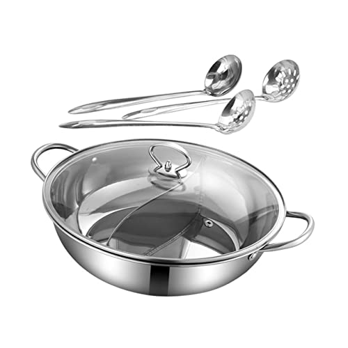 Cabilock 1 set Two Flavor Hot Pot Stainless Steel Multi Purpose Pot with Spoon Scalding Handle and for Chinese Style Cooking and Family Gatherings