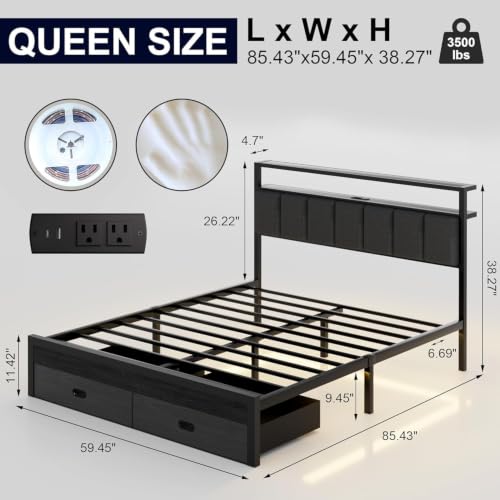 Image of Queen Bed Frames with Storage Drawer, Platform Bed with Charging Station and LED Lights, Upholstered Headboard with 2-Tier Storage Shelves, No Box Spring Needed