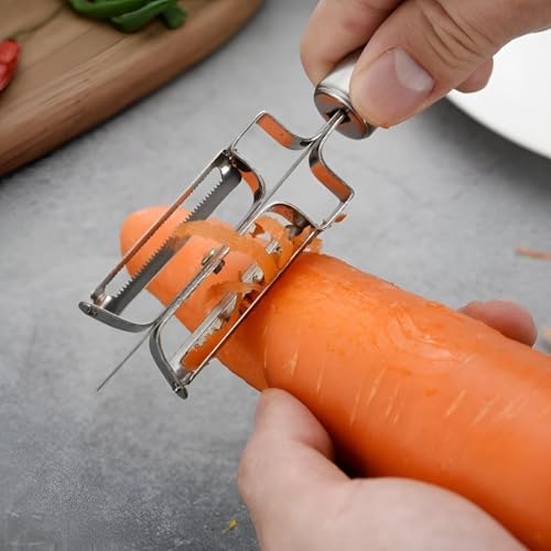 Image of 3-in-1 Stainless Steel Vegetable Peeler with Julienne & Serrated Blades - Multifunction Fruit & Veggie Peeler with Ergonomic Grip for Easy Kitchen Prep