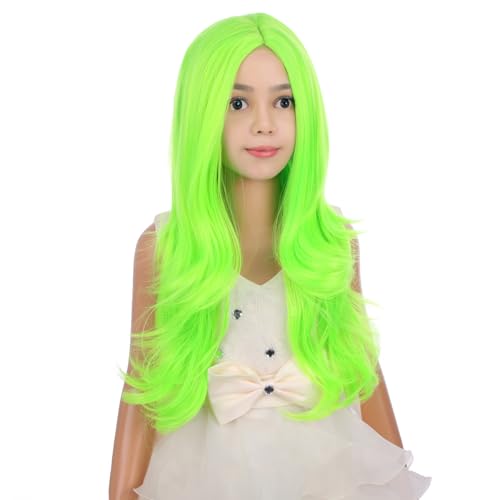 Image of PATTNIUM Lime Green Wig for Kids Girls Long Wavy Curly Neon Green Wig Bright Green Wig Fluorescent Green Synthetic Wig
