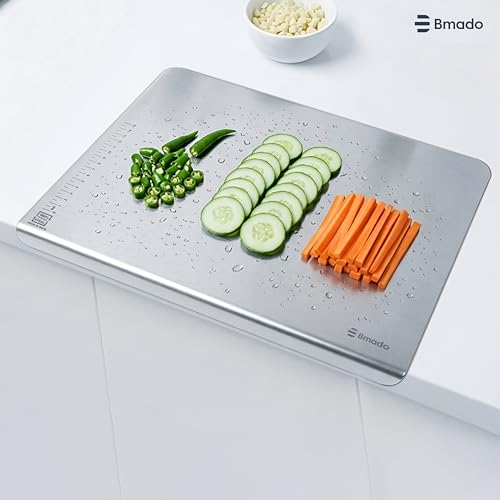Image of Bmado Premium Food Grade Counter Top Stainless Steel Chopping Cutting Board Vegetable,Fruit,Bread & Durable Safe & Heavy Duty, Regular (351 x 310 x 1)