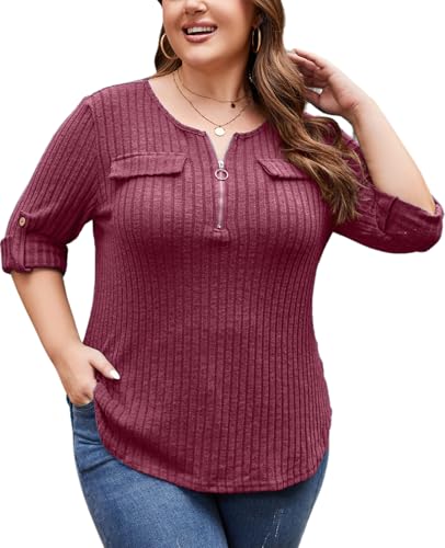 Plus Size Sweaters for Women Lightweight 3/4 Sleeve Quarter Zip V Neck Ribbed Business Casual Blouses Tops3