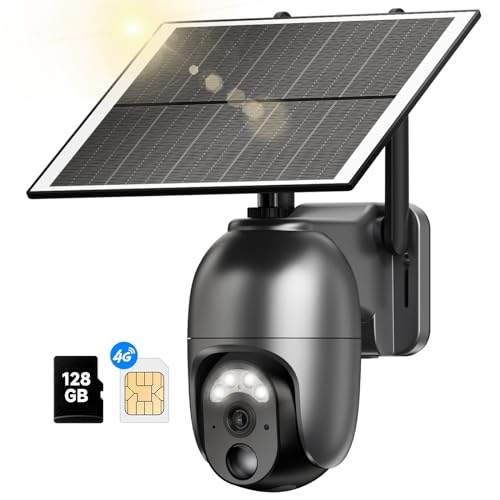 NUASI 4G Cámara de Vigilancia Exterior Inalámbrica con Panel Solar, 2K Camara 360 Grados PTZ, Detección de Movimiento, 30M Visión Nocturna Colorida, Audio Bidireccional, Tarjeta SIM, 128GB SD Incluida