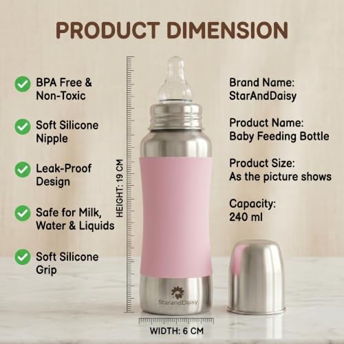 Image of StarAndDaisy Baby Milk Bottle for new Born /Infant /Toddler 240 ML SUS 304 Steel Baby Feeding Bottle for 0+ Months, BPA Free Leakproof, Anti Colic, Easy to Clean (Pink-240 ML)