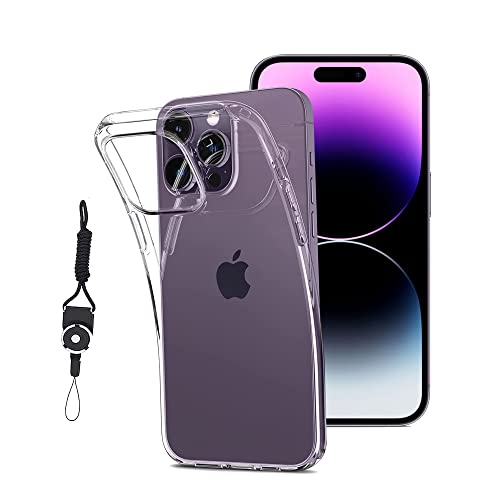 iPhone 14 pro 用の ケース カバー クリア 全透明 対応 TPU 耐衝撃 指紋防止 薄型 軽量 黄変防止 ストラップホール付属 ネックストラップ付 Qi充電対応 iPhone 14 pro