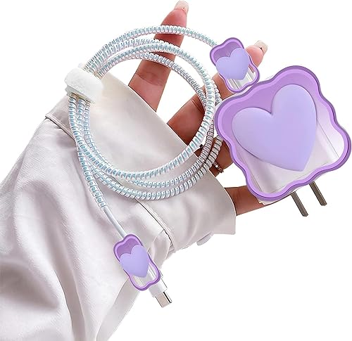 Image of Cartoon 3D Design Protective Case for 18W 20W iPhone 14 13 12 11 Pro Max Fast Charging Cable Adapter Charger, Cute Cartoon Lightning Data Cable Case for iPhone Charger-(Purple Heart)