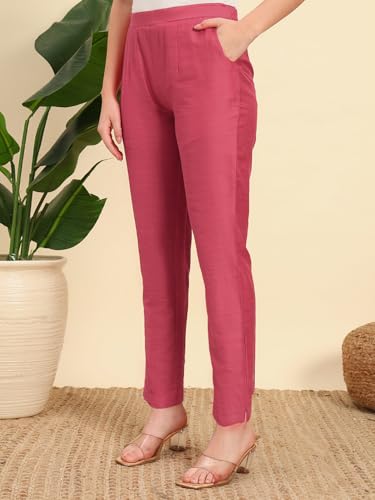 Image of Vogaan Women's Cotton Silk Pant | Half-Elasticated Waist Slim Fit Trouser for Women | Casual Pocket Pants for Office Formal Daily Use