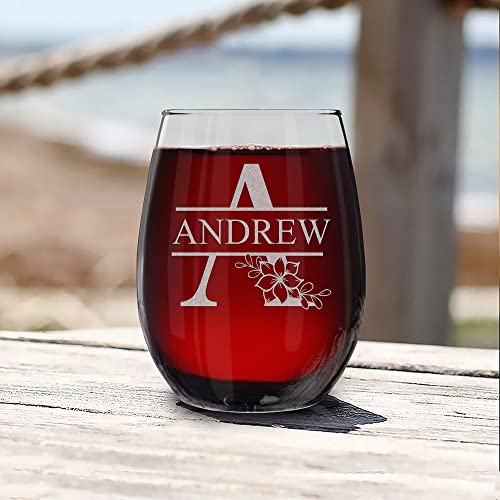 Personalized Floral Flower Inspired Monogram Laser Engraved Stemless Wine Glass 15 Oz, Custom Initial Name Gift For Her #TOP6