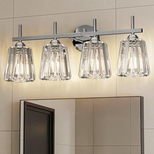 Image of Crystal Bathroom Light Fixtures Over Mirror, Chrome 4-Light Bathroom Vanity Lights Over Mirror Modern Wall Lighting Sconces with Ceramic E26 Base (Bulbs Not Include)