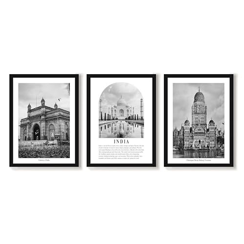 Image of PAINTINGMANTRA Wall Art for Home A3 Indian Gallery Wall Art Prints Pack of 3 Framed Poster Heritage Wall Decor Historic Monuments, Vintage Photography Wall Art for Living Room, Bedroom (32x44 cm)
