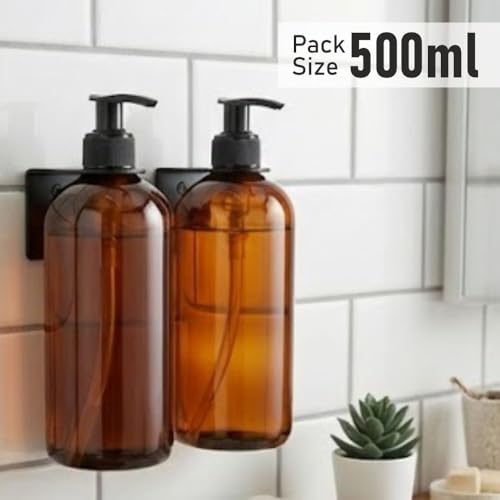 Image of Old Tree Refillable Shampoo and Conditioner Dispenser for Hotel Wall Mounted (Pack of 2, 500ML) | Black Metal Organizer with Plastic Bottles & Matte Black Pump | Dispenser for Bathroom & Kitchen