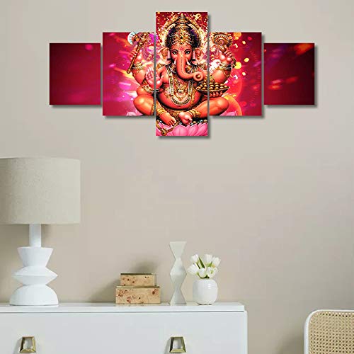 Tumovo Wall Art For Living Room Hindu Lord Ganesh Wall Paintings Indian Religious Pictures Ganesh Chaturthi Home Decor 5 Panel Modern Artwork Framed Ready To Hang Posters And Prints (50''Wx24''H) #TOP3