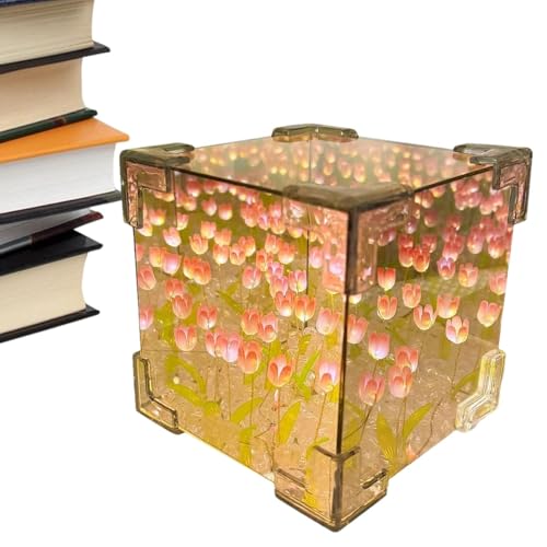 Tulipán Cubo de Espejo con Luz De Flores Infinito - Lámpara De Cabecera, Decoración De Escritorio (se Requiere Ensamblaje) (Pink 16 flowers)