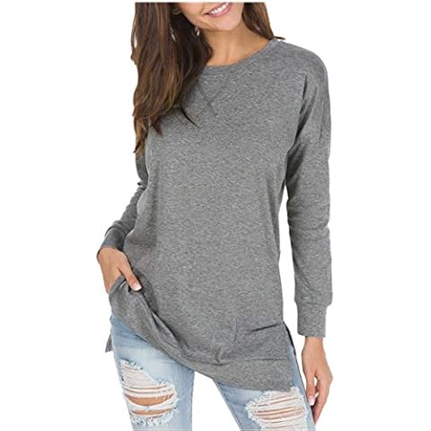 levaca Womens O Neck Plain Side Split Loose Casual Baggy Pullover Dark Gray M Cover