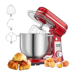 Biolomix Kitchen Electric Stand Mixer, 6-Speed Tilt-Head Food Mixer with 6.5-QT Stainless Steel Bowl, Dough Hook, Flat Beater, Whisk and Anti-Splash Cover, (6.5QT, Red)