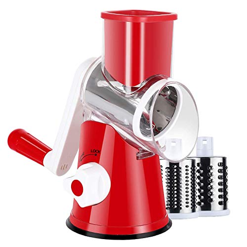 Käsereibe Shredder Chopper, Rotary Round Tumbling Box Slicer Reibe mit starker Saugbasis, Nussmühle Gemüseschneider, Hash Brown, Kartoffel,Rot