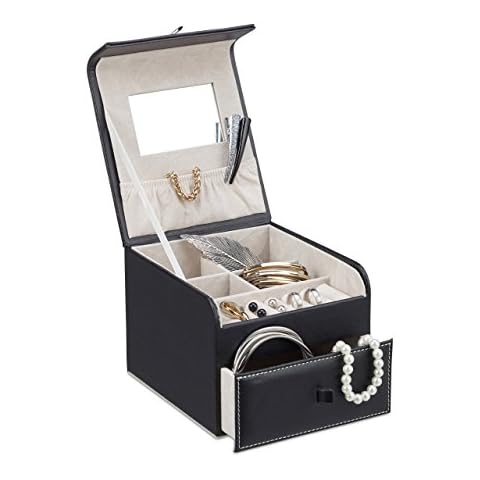 Relaxdays, schwarz Schmuckschatulle mit Schublade, klappbares Schmuckkästchen, Spiegel, Etui für Ringe, Ketten UVM, Standard Cover