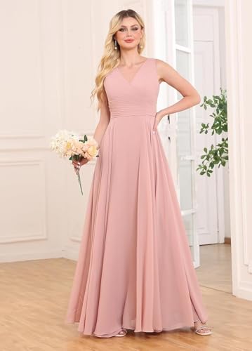 Image of Sukleet Blush Pink V Neck Bridesmaid Dresses for Women Ruched Chiffon Long Formal Evening Gowns Size 16