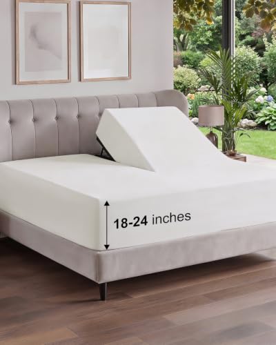 Image of Extra Deep Flex Top Split Head King Fitted Sheet - Hotel Luxury Single Fitted Sheet Only - Easily Fits 18 inch to 24 inch Mattress - Ultra Soft, Wrinkle Free w /Extra Deep Pockets - Antique White