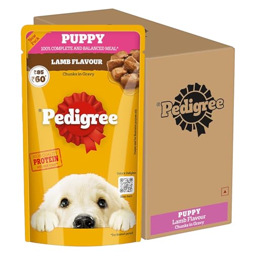 Pedigree Puppy Wet Dog Food, Lamb Flavour Chunks in Gravy, 130 g (Pack of 12), Complete & Balanced Meal for Puppies