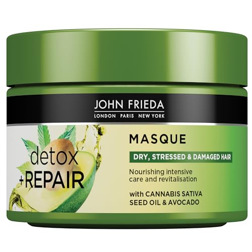John Frieda Detox & Repair Masque 250 ml, Intensive Deep Conditioner for Dry, Stressed and Damaged Hair, Nourishing Hair Mask with Cannabis Sativa Seed Oil and Avocado