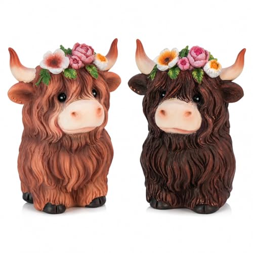 KnomeKo Décor de vache des Highlands 2 pièces, figurines de vache des Highlands au printemps avec couronne de fleurs, décor de plateau à étages pour salle...