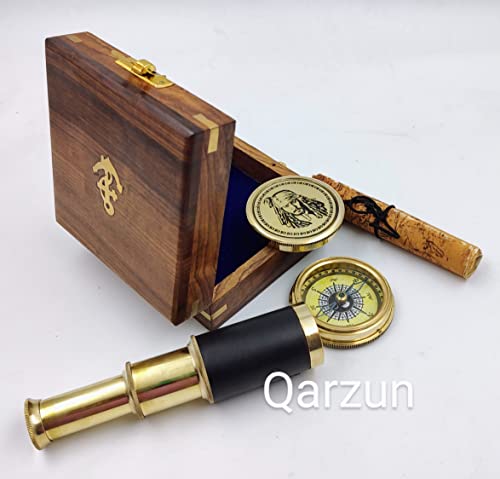 Brújula de latón con telescopio plegable en caja de madera miniatura 2