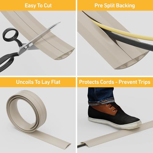 Image of D-Line 6ft Floor Cord Cover, Cable Protector, Hide Extension Cords, Protect Cords, Prevent Cable Trips, Heavy Duty Cord Hider - Cable Cavity = 0.63 inch (W) x 0.31 inch (H) - Beige