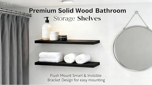 Image of ROGMARS 36 Inches Long Black Floating Shelves | Rustic Solid Wood Farmhouse Wall Shelves with Invisible Brackets for Bathroom, Living Room, Bedroom, Kitchen Set of 2