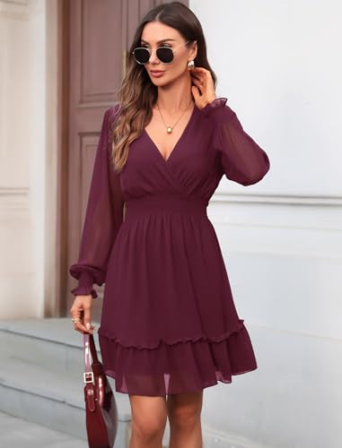 Image of Prettywear Women's Spring Summer Chiffon Long Sleeve Wedding Guest Dresses 2025 Casual Flowy Wrap Neck Mini Dress WineRed