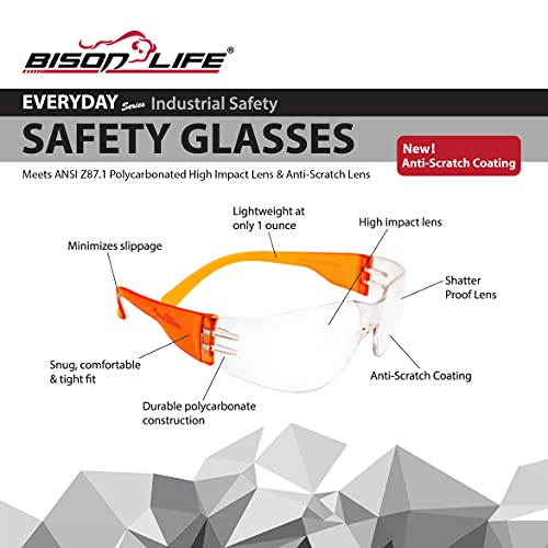 Image of BISON LIFE Clear /Orange Safety Glasses for Men & Women, ANSI Z87.1, 12 Pack | Scratch & Impact Resistant Wraparound Safety Goggles, UV Protection Eyewear for Work, Construction, Lab, Industrial