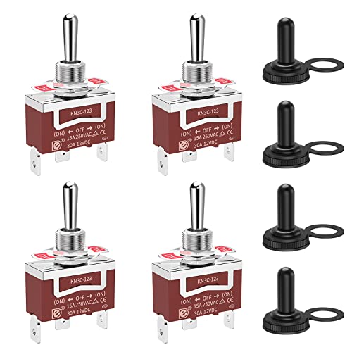RVBOATPAT 12 Volt Momentary Toggle Switch (ON)-Off-(ON) 3 Way Waterproof Toggle Switch 12V DC 30A for Marine Boat Auto Winch Reverse 3 Position SPDT -4pcs