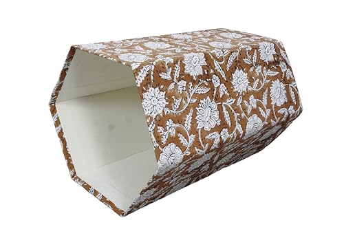 Image of 3.3 Gallon Cotton Hand Block Printed Paper Waste Basket |Small Decorative Trash Can for Housewarming Gifts in Living Room, Bedroom, Bathroom | Eco-Friendly, Plastic-Free (1, Brown White FLOWAR)