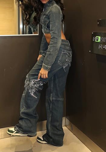 Women’s Low Rise y2k Jeans Baggy Butterfly Diamond Straight Wide Leg Vintage Denim Pants Fashion Streetwear2