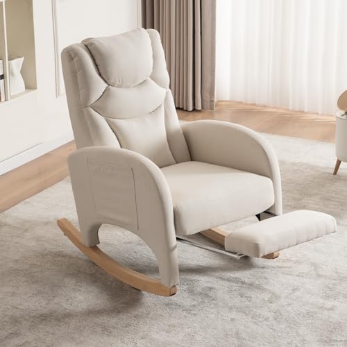 Image of Rocking Chair Nursery,Modern Glider Chair with Adjustable Footrest and Solid Wood Legs,High Backrest Nursery Chair with Side Pocket,Rocker Armchair for Living Room Bedroom (Cotton Linen, Beige)