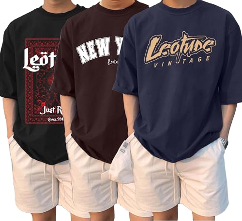 Image of LEOTUDE Casual Half Sleeve Cottonblend Printed Round Neck Drop Shoulder Oversized Tshirt for Man (Color Brown)