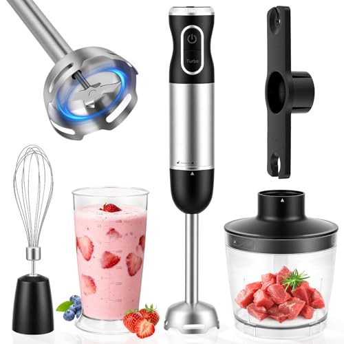 Gaethra Mixer Immersione 4-In-1, 1000 W Frullatore Tritatutto Multifunzione, 12 Velocità, con Frusta e Tritatutto da 500 ml e Misurino da 700 ml per Frullati, Zuppe, Salse, Yogurt, Alimenti Bambini
