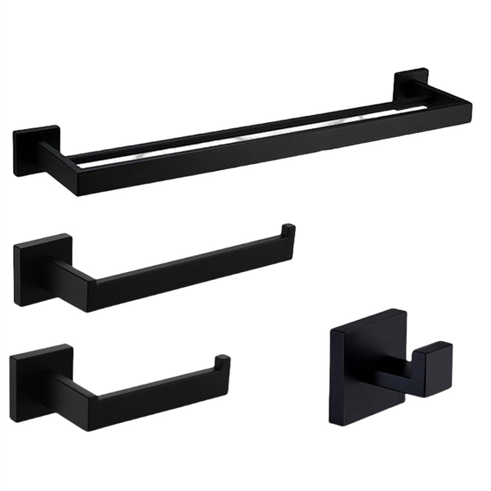 Matériel de Salle de Bains SUS 304 Noir : Kit de 4 Pièces avec Double Porte-Serviettes 500mm