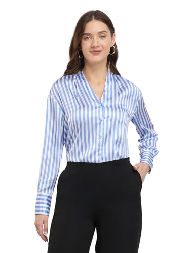 Image of FableStreet Women Formal Shirt | Relaxed Fit V-Neck Polka Dot Pattern with Pleated Detailing | Satin Fabric for Business Casual