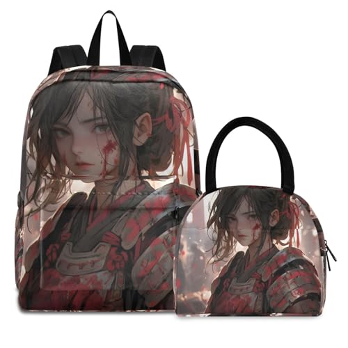 Japanese Warrior Print Backpack Set with Lunch Bag, Large Capacity Travel Backpacks and Lunch Box Insulated for Commute Hiking Picnic