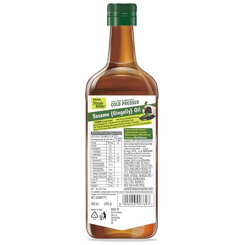 Image of Tata Simply Better Pure & Unrefined Cold Pressed Sesame(Gingelly)Oil,Naturally Cholesterol Free,500ml,Sesame Oil with Rich Aroma & Flavour of Real SesameSeeds,For Daily Cooking with Multipurpose Usage