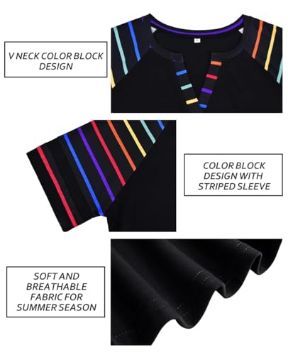 Image of CARCOS Plus Size Tops for Women Short Sleeve Summer Pullover Color Block Crewneck /V Neck Tee Tunic Loose Fit Tshirts XL-5XL